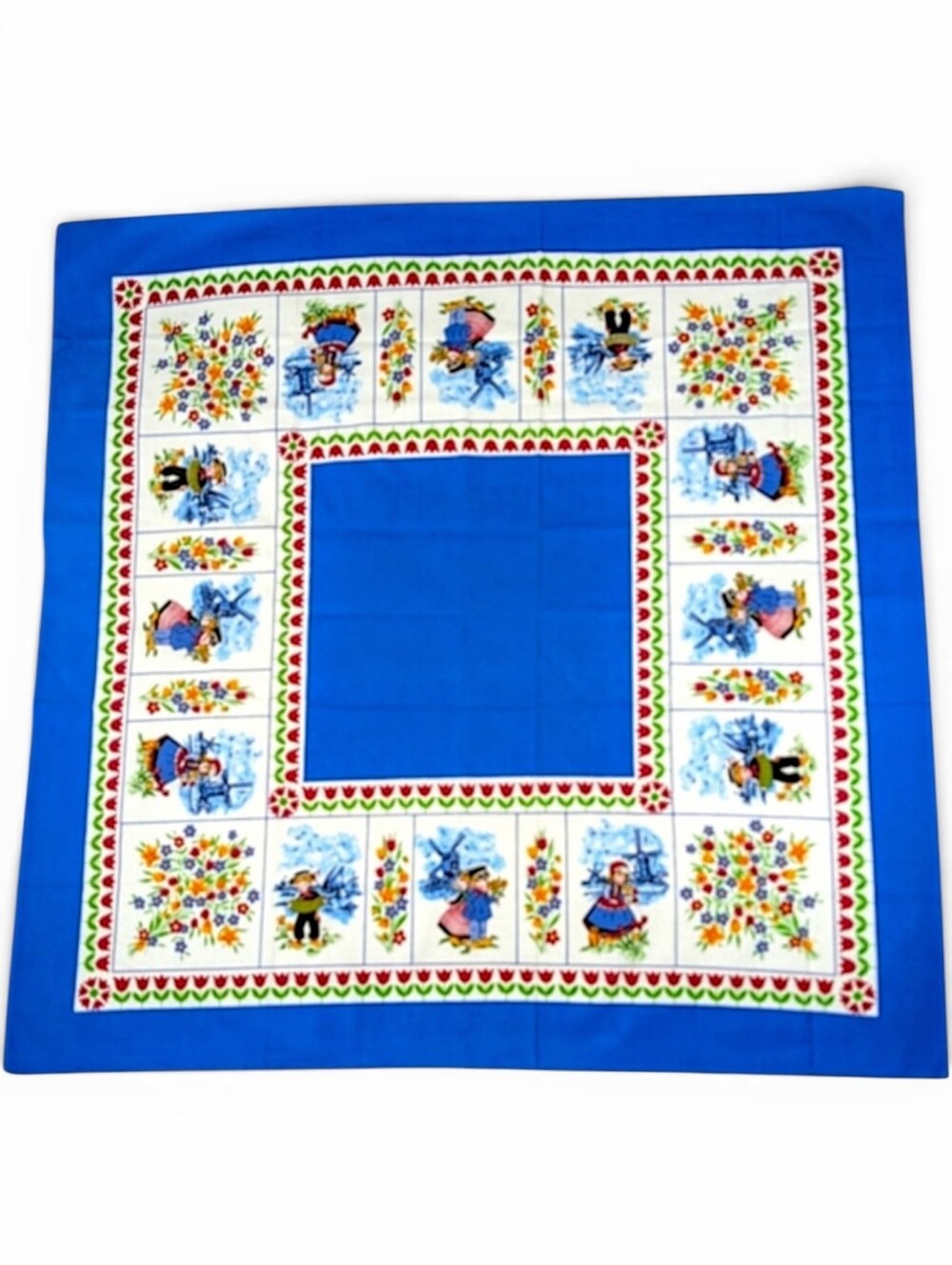 NEW Vintage Dutch Tablecloth Blue Scandinavian Folk Art Cotton Square 35"x35"